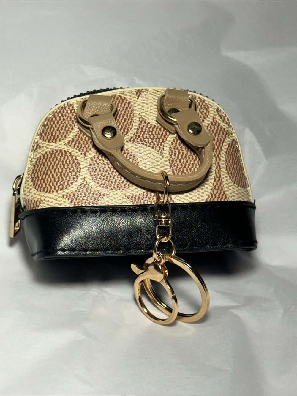 Mini Signature Dome Satchel Keychain - Beige/Tan/Black